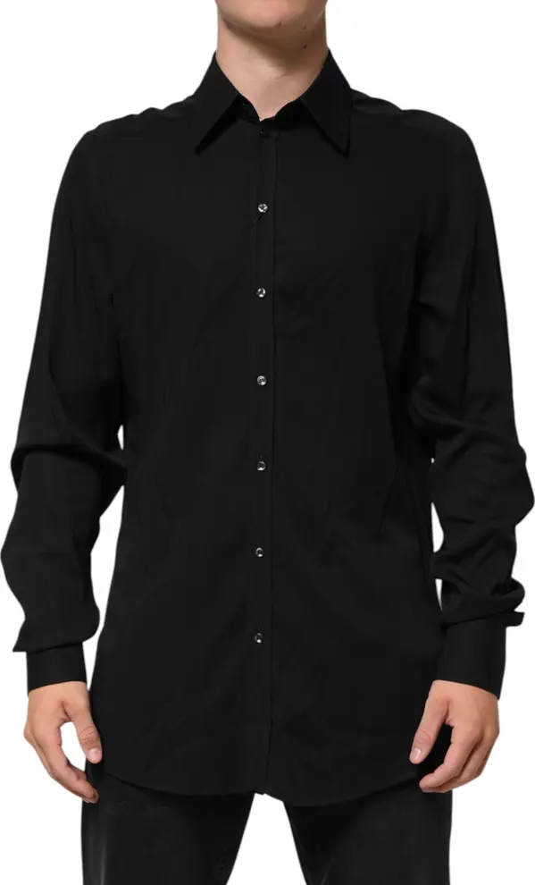 Black Viscose Long Sleeve Formal Dress Shirt