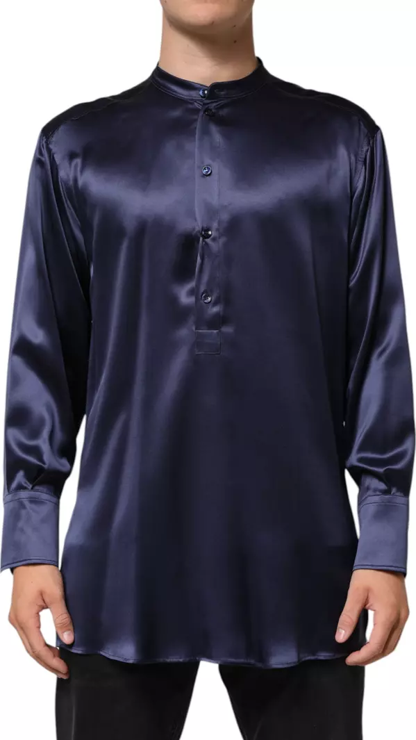 Navy Silk Long Sleeve Mandarin Collar Shirt