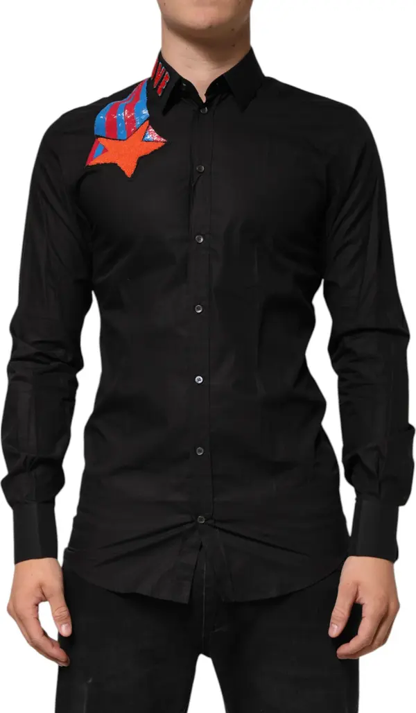 Black Cotton Star Sequin Dress Formal Men Shirt
