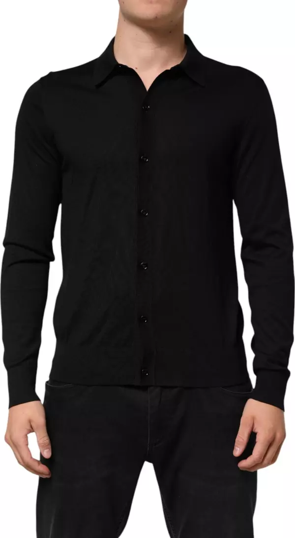 Black Silk Button Up Lightweight Sweater