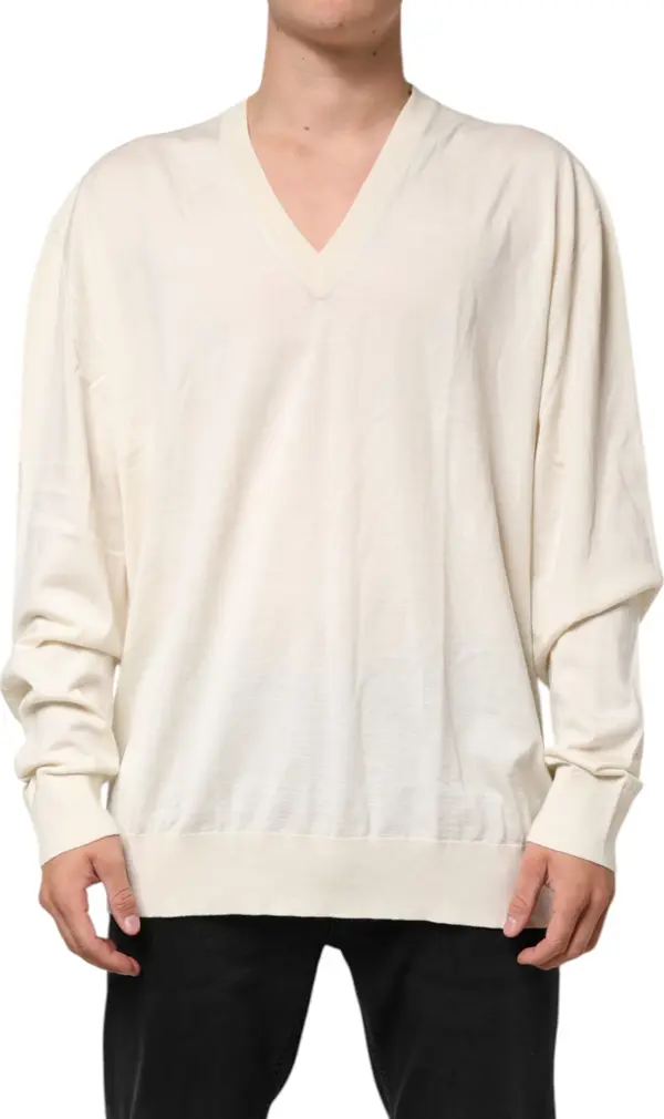 Ivory Virgin Wool Men V-Neck Knit Sweater