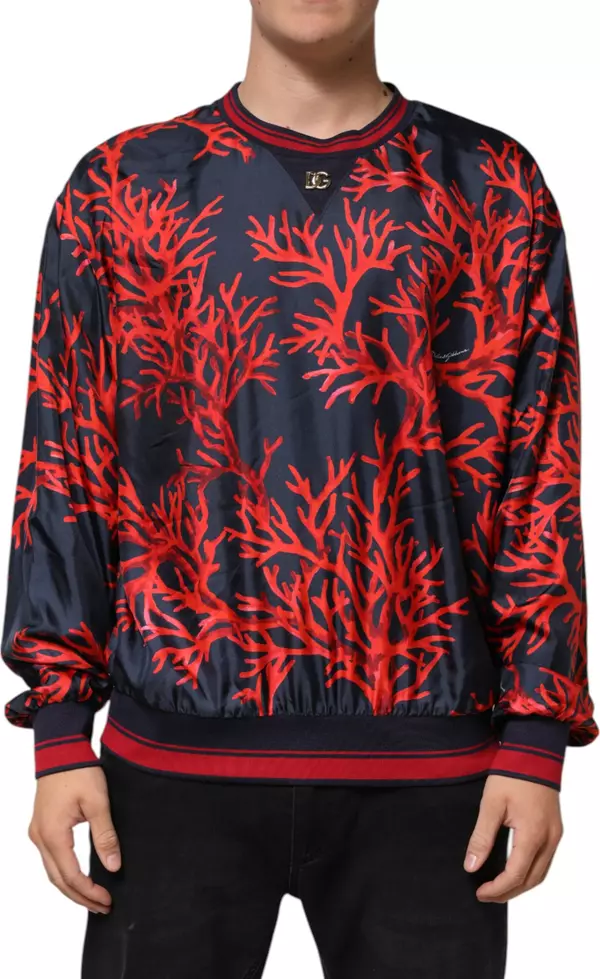 Silk Navy Red Coral Print Pullover Sweater