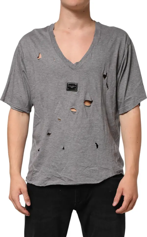 Gray Cotton Tattered Logo Patch Men T-shirt