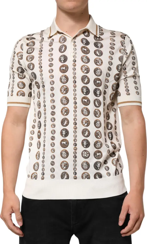 Silk Ivory Coin Print Logo Men Polo T-shirt