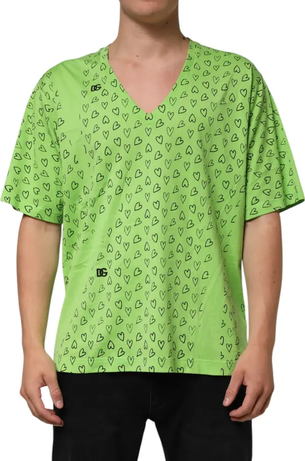 Green V-Neck DG Logo Heart Print T-shirt