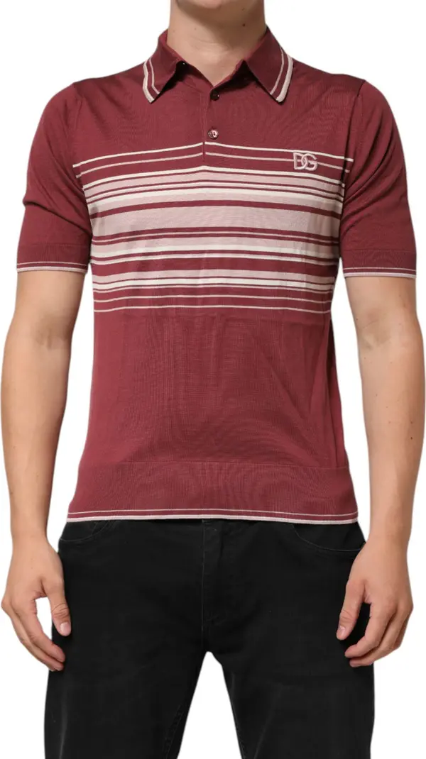 Cotton Burgundy Striped DG Logo Polo T-shirt
