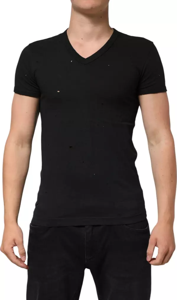 Black Cotton Tattered Logo V-Neck Men T-shirt