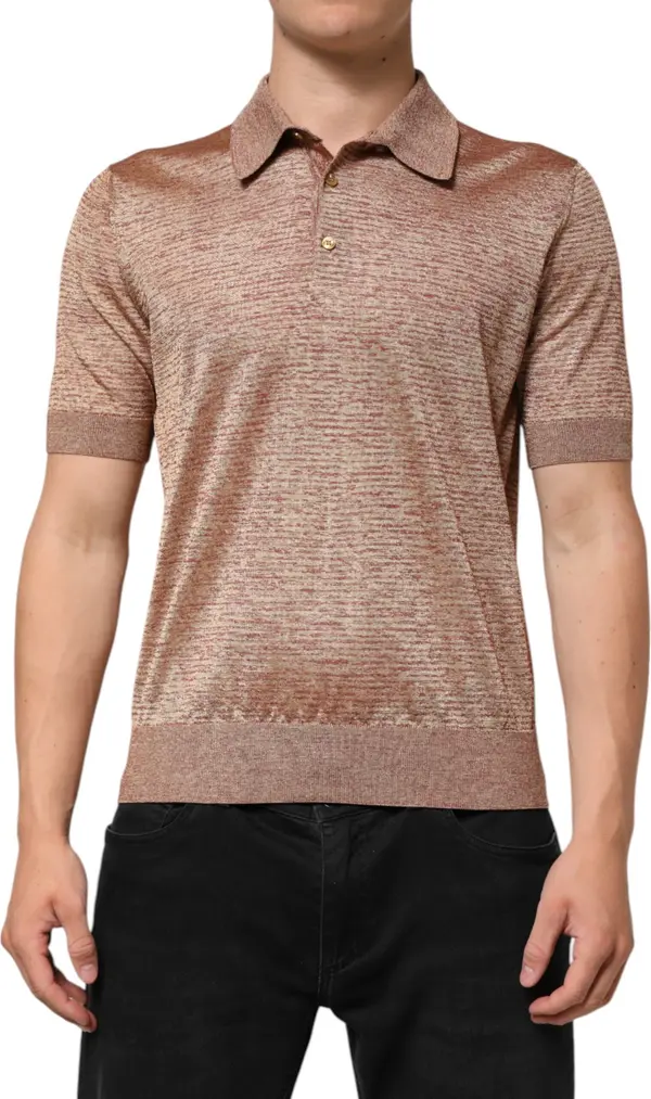 Brown Silk Textured Short Sleeve Polo T-shirt