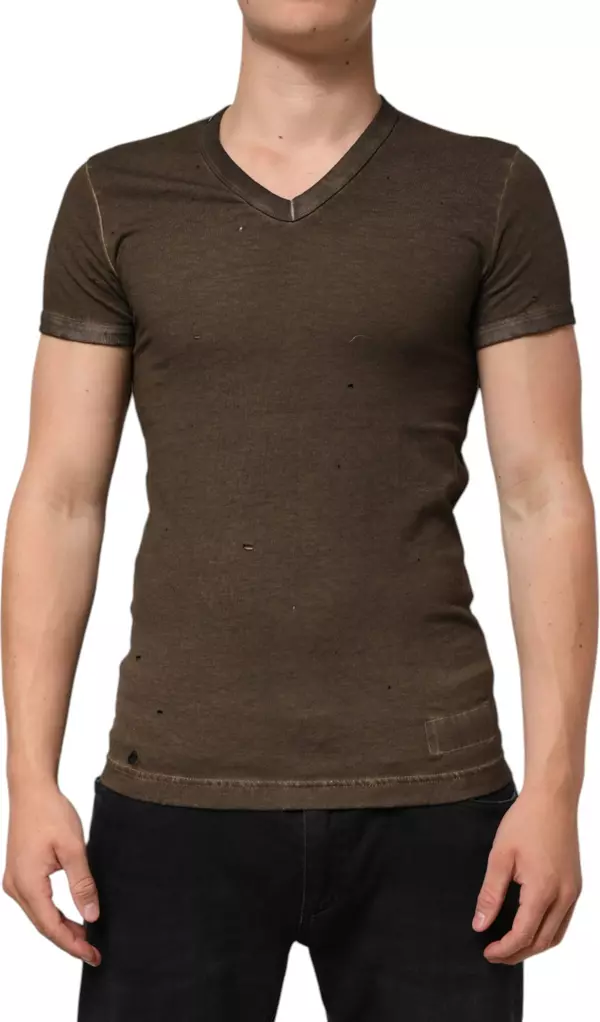 Dark Brown Cotton Tattered Logo Men T-shirt