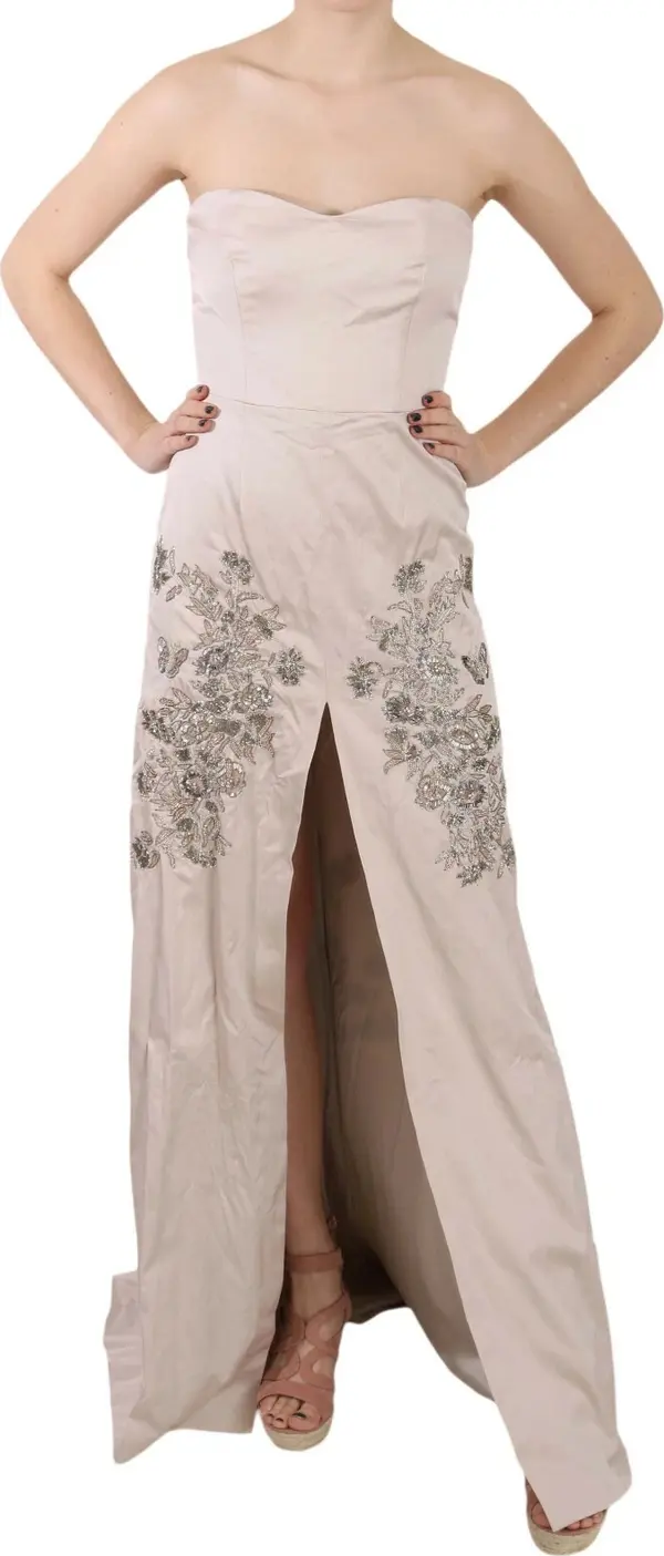 Beige Sequined Flower Flare Ball Gown Dress