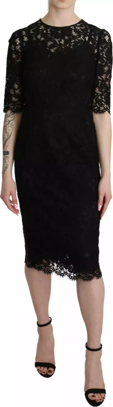 Black Floral Lace Sheath Knee Length Dress