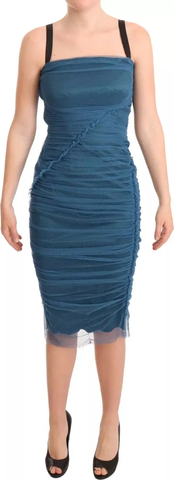 Blue Mesh Trim Ruched Tulle Sheath Dress
