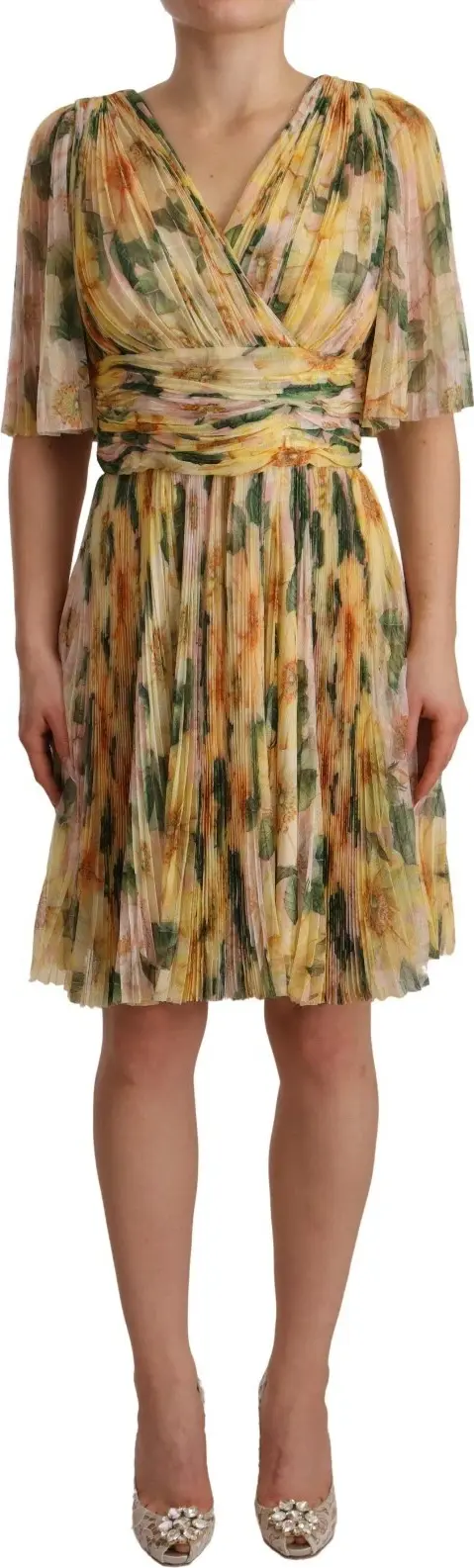 Yellow Floral Print Pleated Maxi Dress