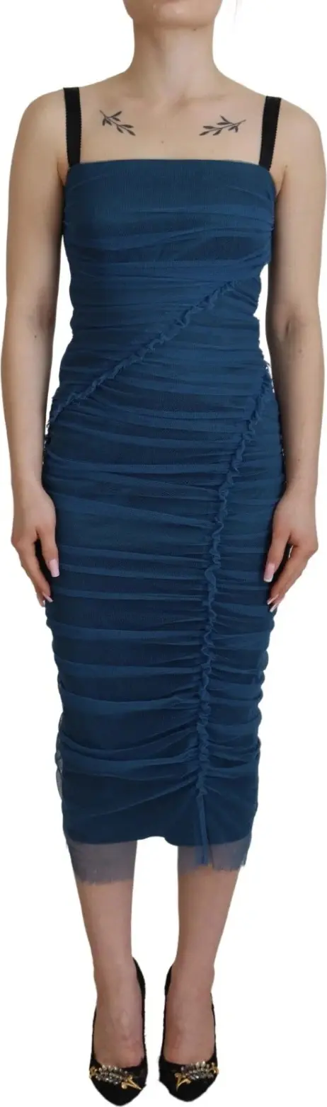 Blue Mesh Trim Ruched Tulle Sheath Dress