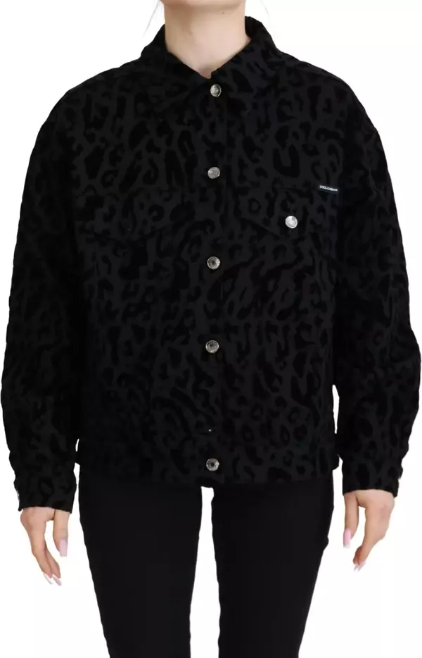 Cotton Black Leopard Long Sleeve Denim Jacket