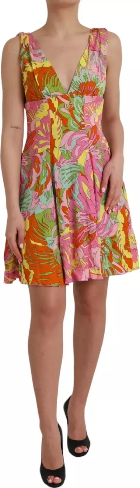 Multicolor Floral Silk Flared Mini Dress