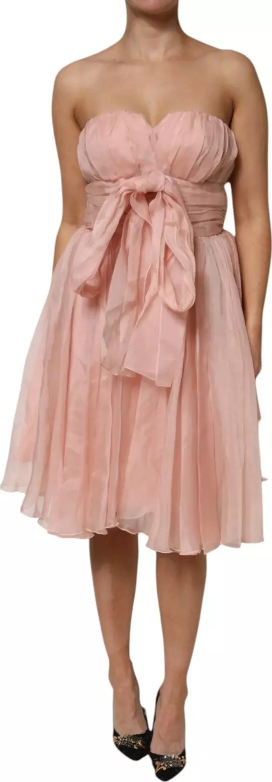 Pink Silk Chiffon A-line Pleated Midi Dress