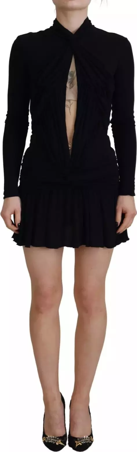 Black Viscose Long Sleeves Cut Out Mini Dress
