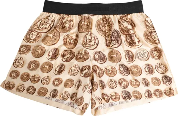 Brown Ancient Coin Print Silk Shorts Swimwear