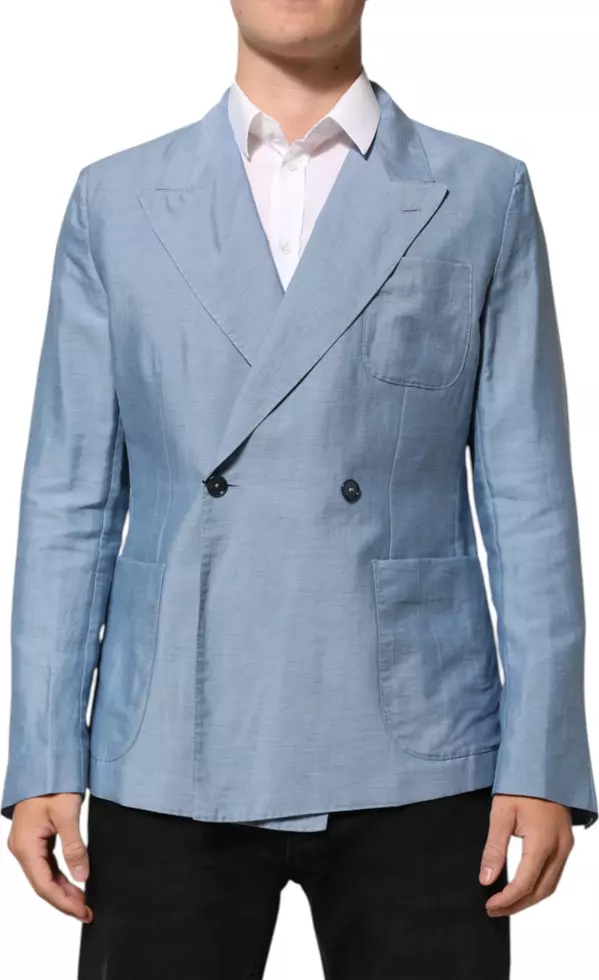 Light Blue Linen Double Breasted Men Jacket Blazer