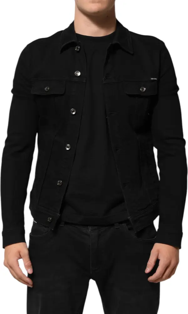 Black Cotton Denim Stretch Button Up Jacket