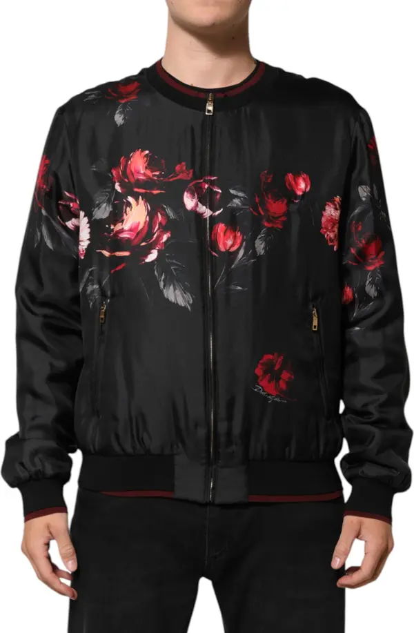 Black Red Floral Silk Bomber Blouson Jacket