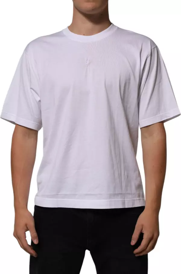 White Cotton Logo Patch Crew Neck Men T-shirt
