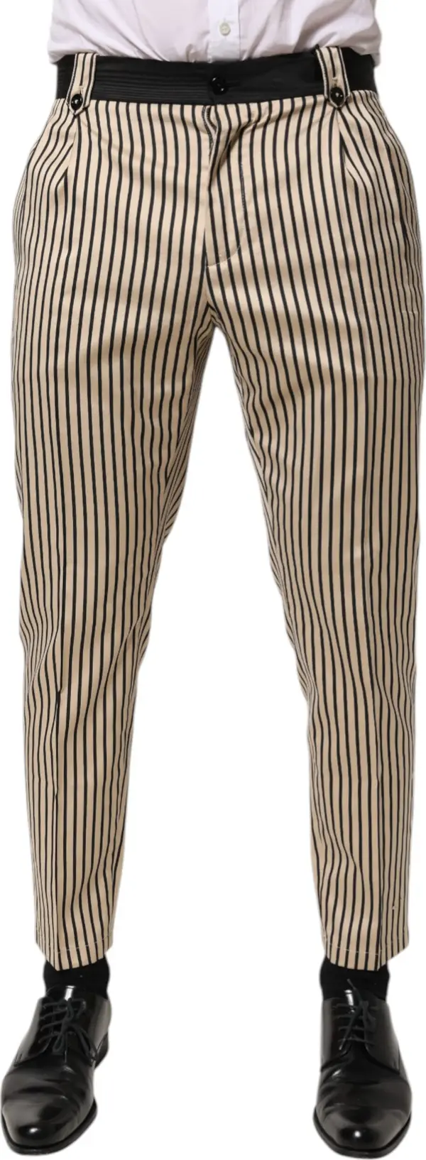Beige Black Striped Cotton Slim Fit Trousers Pants