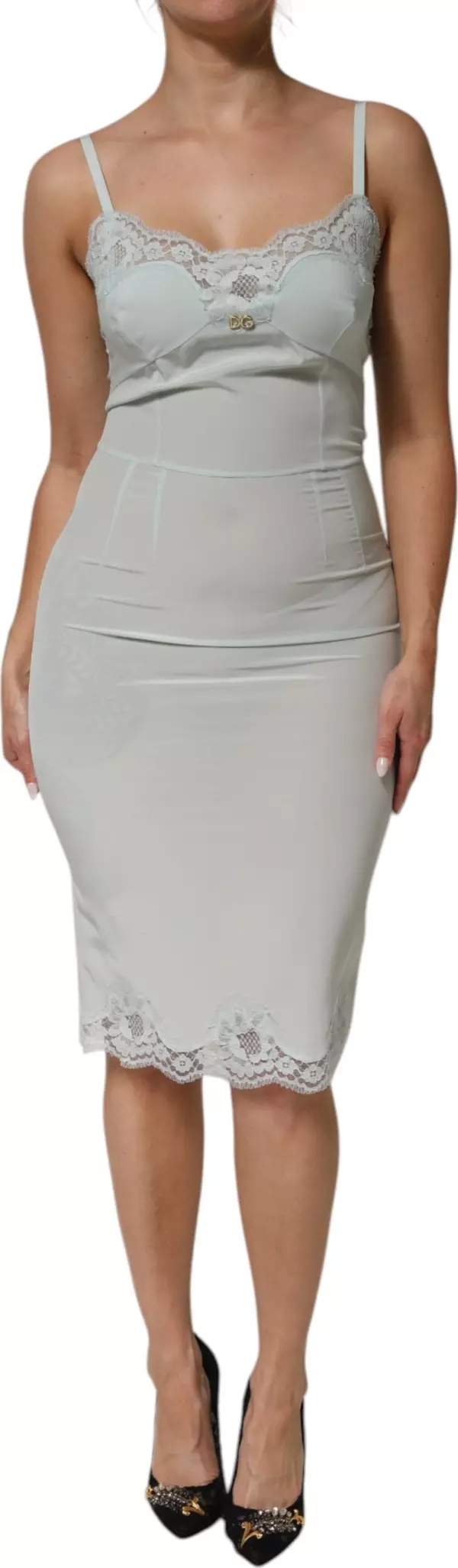 Light Blue Silk Lace Midi Bodycon Slip Dress