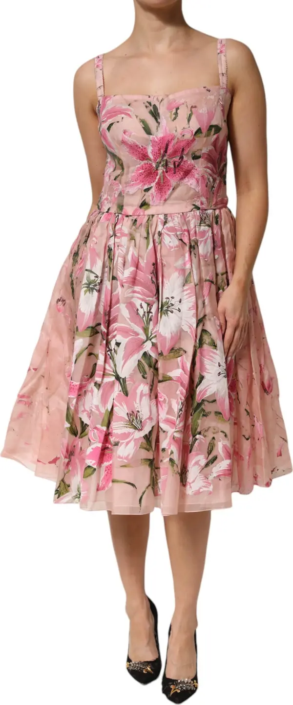 Pink Cotton Floral Pleated Sleeveless Dress