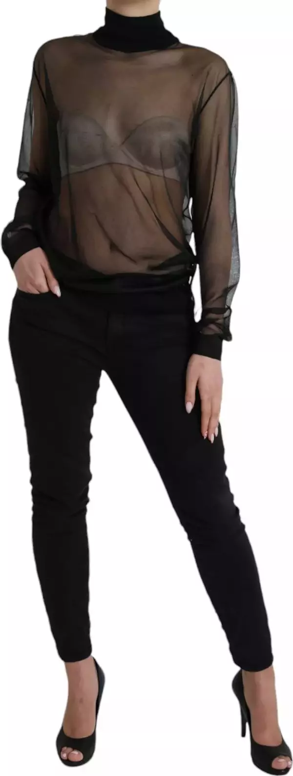 Black Mesh Turtleneck Sheer Blouse Top