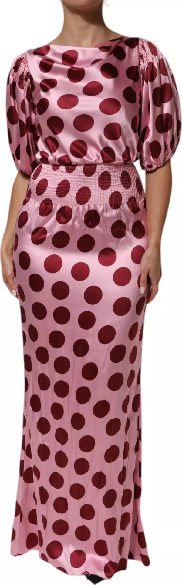 Pink Red Polka Dot Silk Satin Maxi Gown Dress