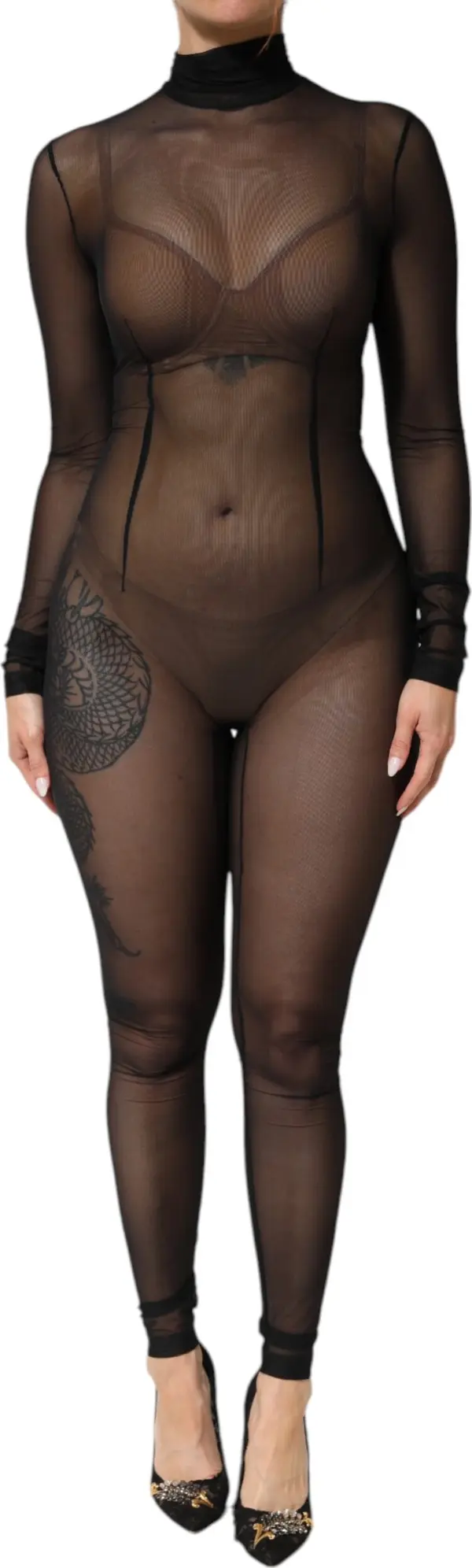 Black Sheer Mesh Long Sleeve Jumpsuit Bodysuit Dress