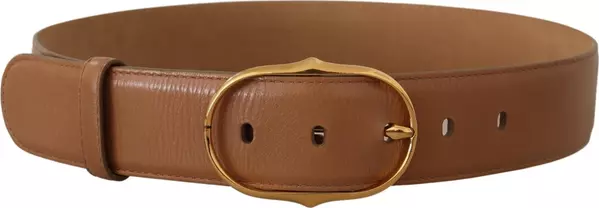Brown Leather Gold Metal Oval Buckle Belt