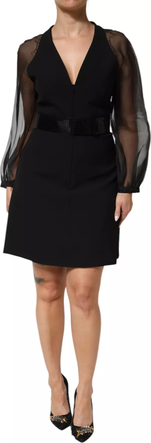 Black Sheer Sleeve Belted V-Neck Mini Dress