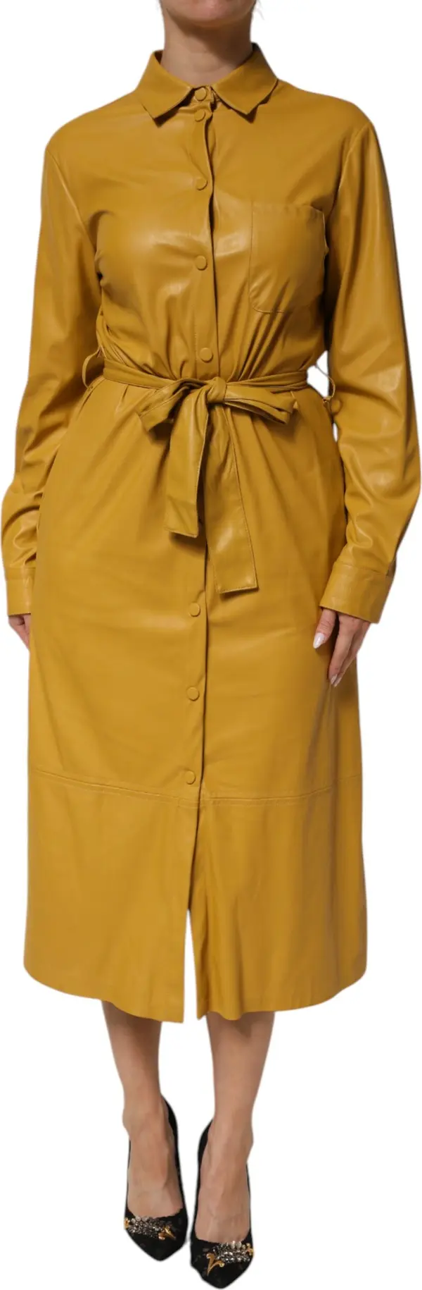 Polyester Belted Shirt Midi Long Sleeve Yellow Mustard