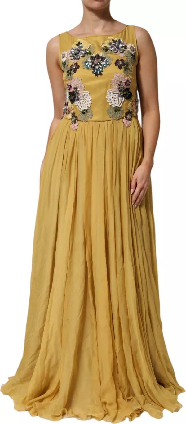 Yellow Silk Floral Embroidered Maxi Dress
