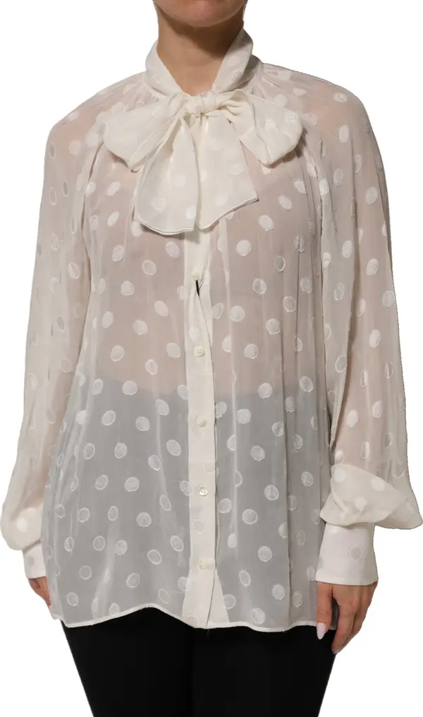 White Polka Sheer Silk Bow Tie Shirt Blouse Top