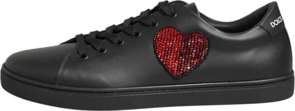 Black Leather Crystal Heart Sneakers Shoes