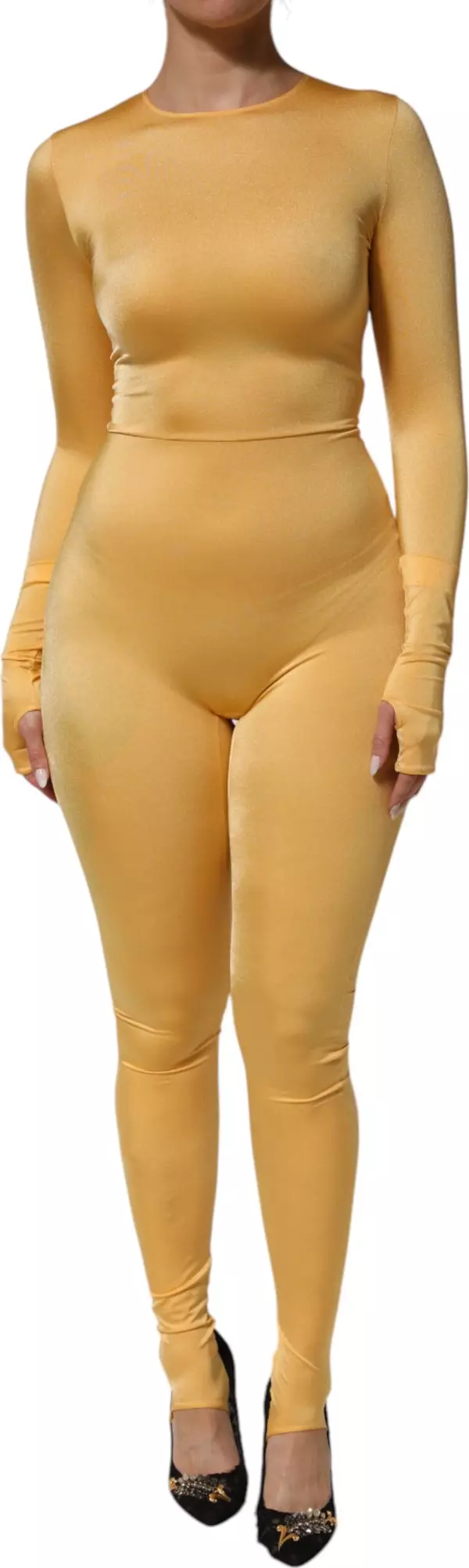 Gold Yellow Stretch Long Sleeve Bodysuit Dress
