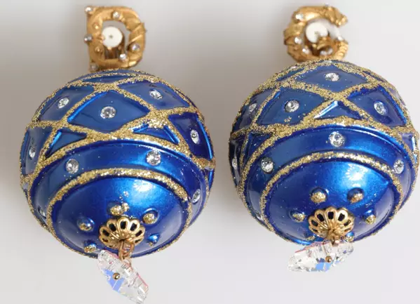 Gold Brass Blue Christmas Ball Crystal Drop Clip On Earrings