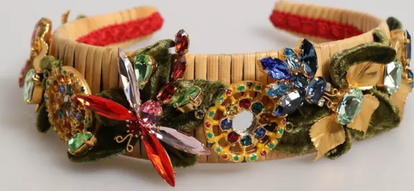 Multicolor Crystal Floral Gold Green Velvet Crown Headband