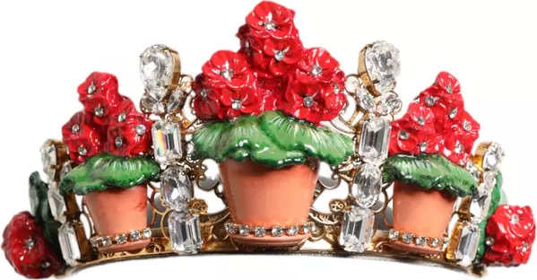 Red Floral Flowerpot Crystal Gold Crown Tiara Headband