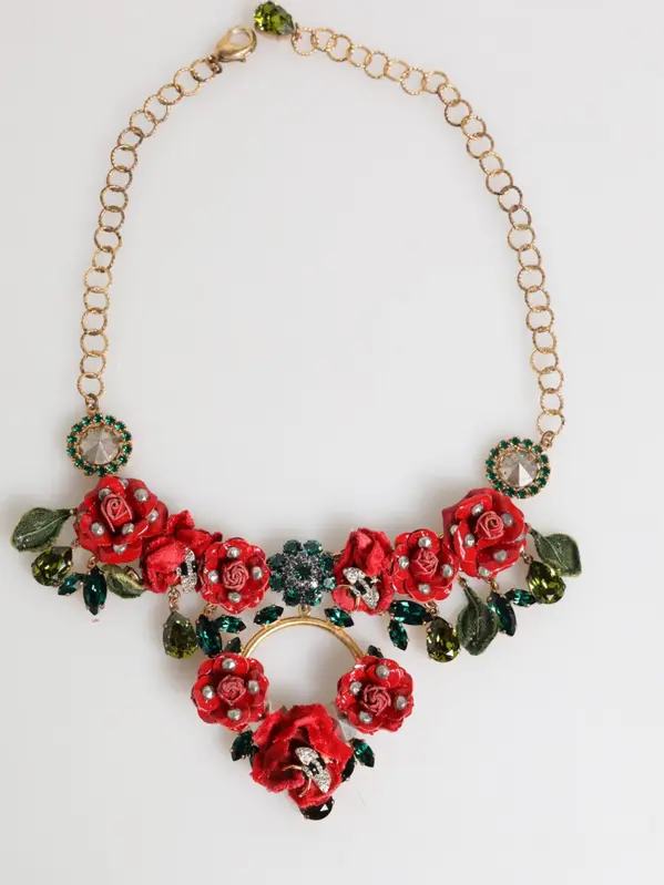Red Rose Floral Crystal Embellished Statement Jewelry Necklace