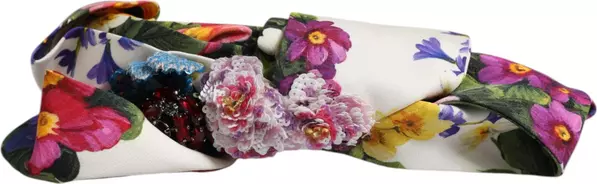 White Multicolor Floral Silk Bow Crystal Embellished Headband
