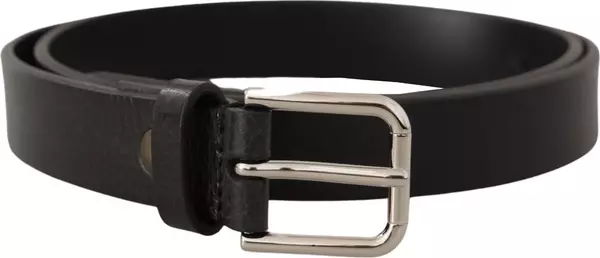 Calf Leather Silver Tone Black Metal Buckle Belt