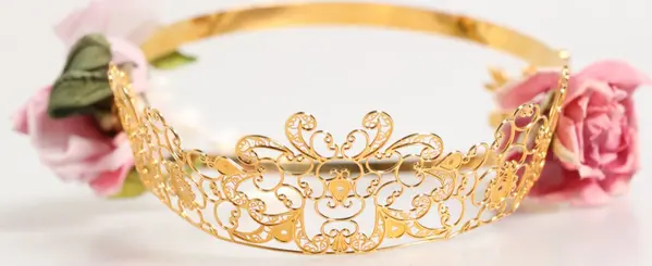 Gold Floral Tiara Pink Roses Crystal Crown Headband