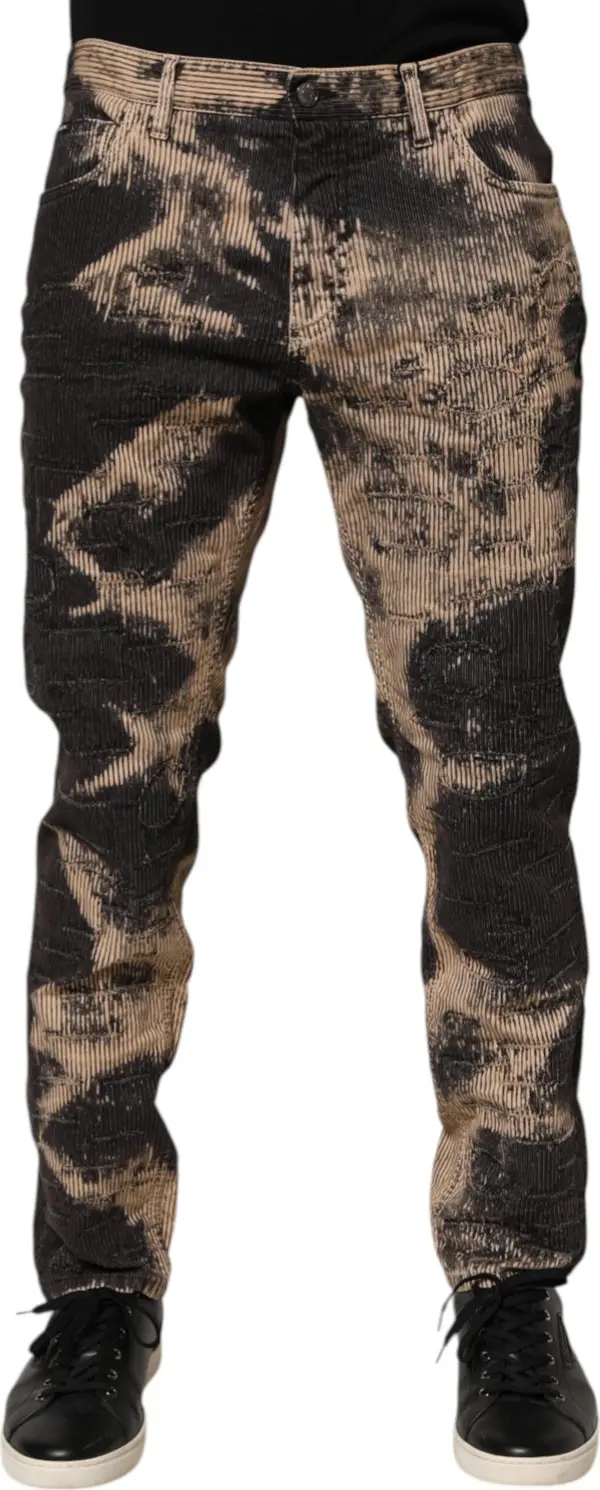 Beige Black Corduroy Tie-Dye Cotton Blend Pants