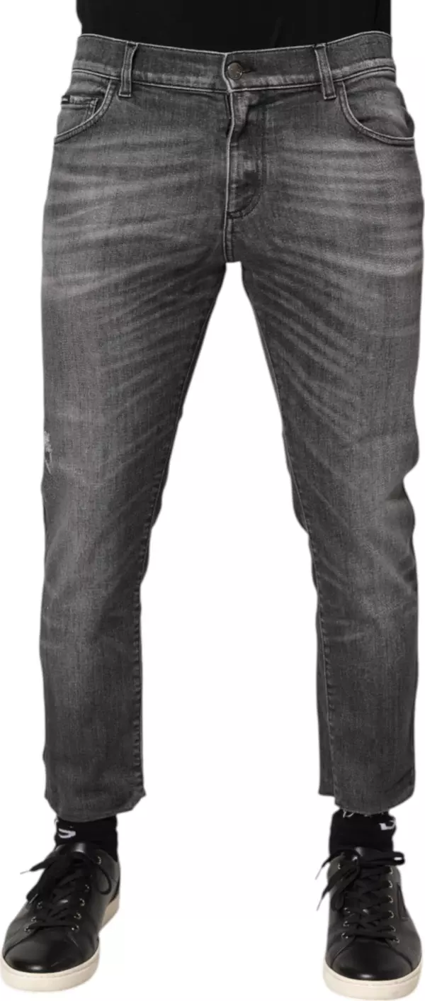 Grey Cotton Denim Slim Fit Distressed Pants Jeans