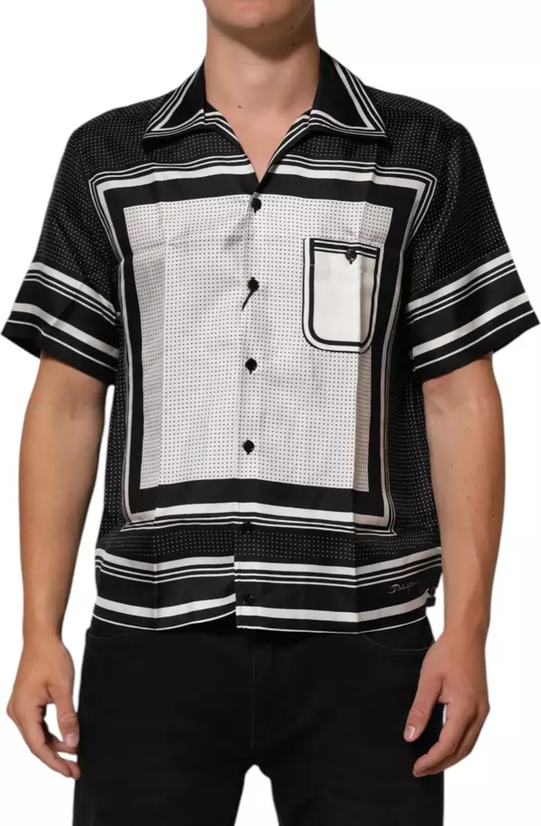 Black White StripeDot Print Casual Polo Shirt